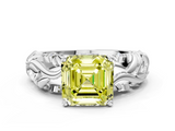 White gold Fancy Yellow Asscher  Solitaire Diamond Leaf Vine Band with Prong Setting_17