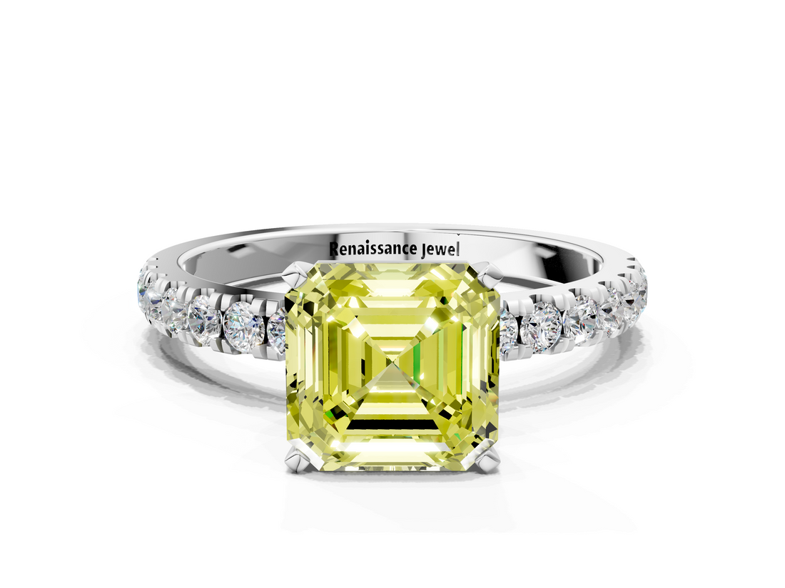 White gold Fancy Yellow Asscher  Solitaire Diamond Pavé Band with Four-Prong Setting