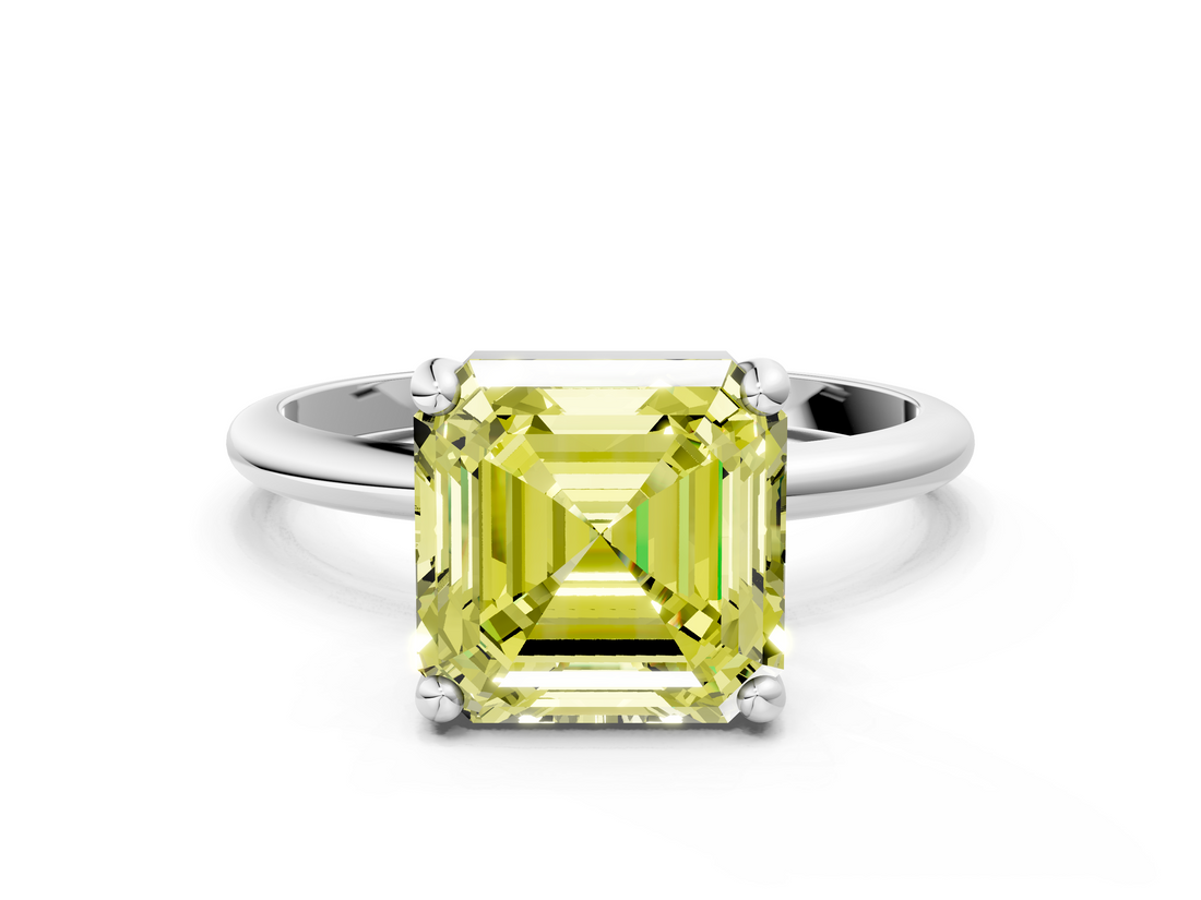 White gold Fancy Yellow Asscher  Solitaire Diamond Ring with 4-Prong Setting on a Classic Band_3