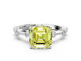 White gold Fancy Yellow Asscher  Solitaire Diamond Ring with Bezel Set Side Stones and Prong Setting