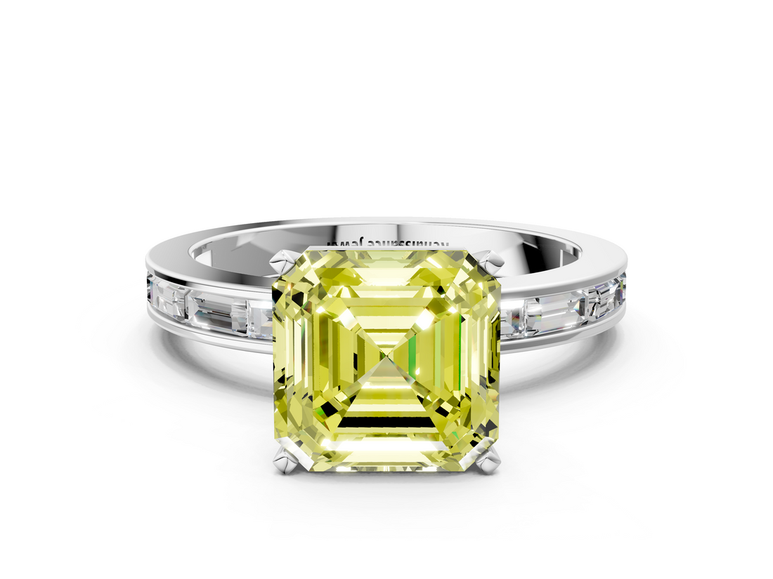 White gold Fancy Yellow Asscher  Solitaire Diamond Ring with Channel-Set Baguette Band and Four-Prong Setting_17