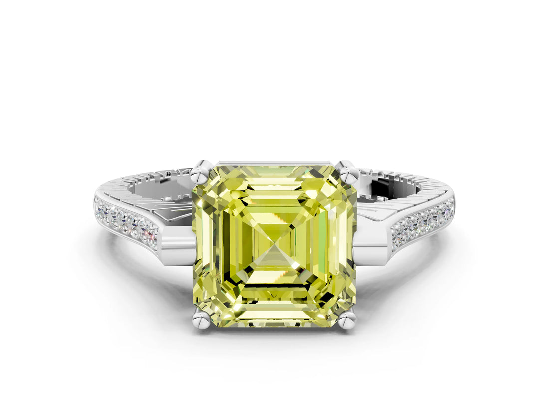 White gold Fancy Yellow Asscher  Solitaire Diamond Ring with Channel Set Band and Bezel Prong Setting_56