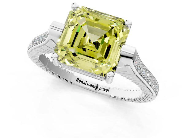 Platinum Asscher Cut Vintage Cathedral Engagement Ring Setting for Fancy Yellow Center