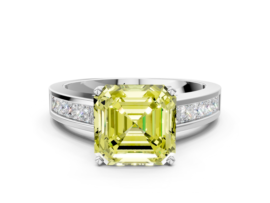White gold Fancy Yellow Asscher  Solitaire Diamond Ring with Channel-Set Band and Four-Prong Setting_20