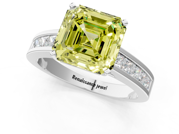 White Gold Asscher Cut Channel Set Solitaire Engagement Ring Setting for Fancy Yellow Center