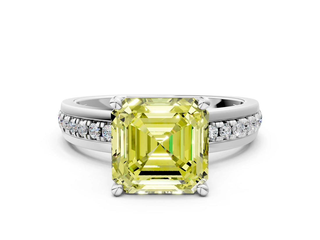 White gold Fancy Yellow Asscher  Solitaire Diamond Ring with Channel Set Band and Six-Prong Setting_46