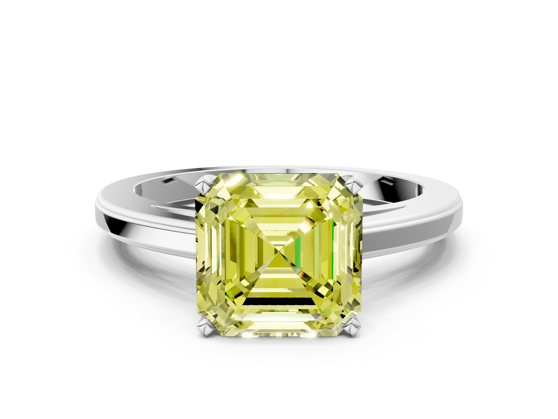 White gold Fancy Yellow Asscher  Solitaire Diamond Ring with Four-Prong Setting and Classic Band_19