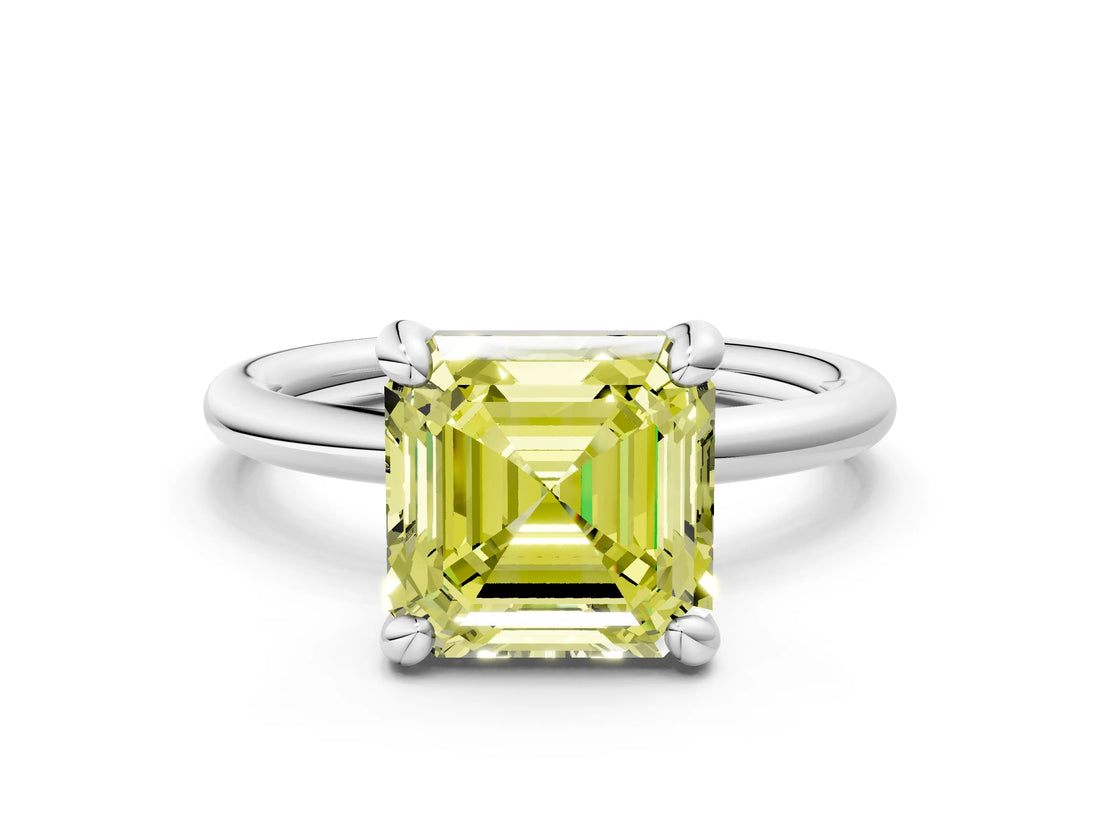 White gold Fancy Yellow Asscher  Solitaire Diamond Ring with Four-Prong Setting on a Plain Band_20