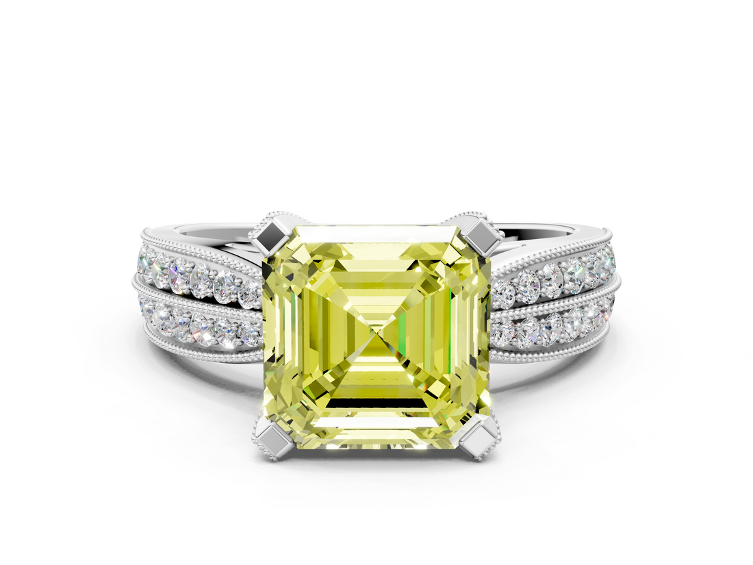 White gold Fancy Yellow Asscher  Solitaire Diamond Ring with Milgrain Pavé Band and Four-Prong Setting_54