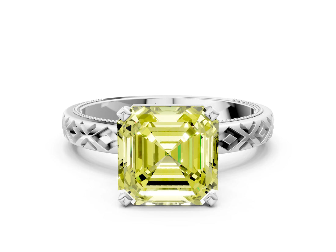 White gold Fancy Yellow Asscher  Solitaire Diamond Ring with Milgrain and Black Enamel X Pattern Band_46