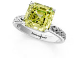 White gold Fancy Yellow Asscher  Solitaire Diamond Ring with Milgrain and Black Enamel X Pattern Band_47