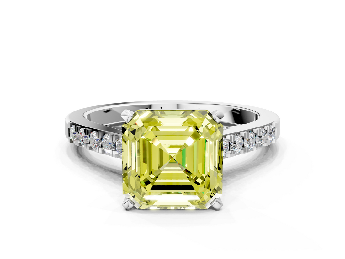 White gold Fancy Yellow Asscher  Solitaire Diamond Ring with Pavé Band and Four-Prong Setting