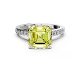 White gold Fancy Yellow Asscher  Solitaire Diamond Ring with Pavé Band and Four-Prong Setting