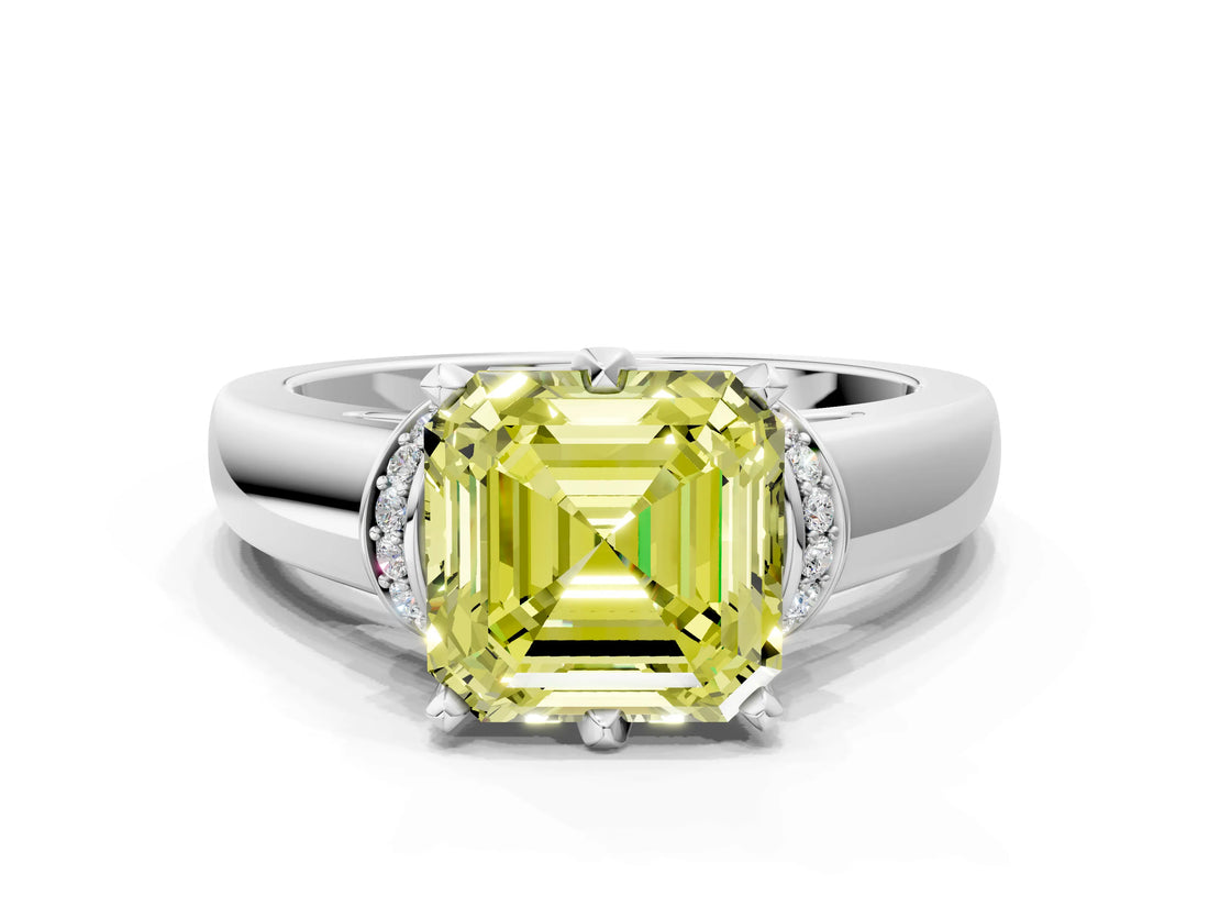 White gold Fancy Yellow Asscher  Solitaire Diamond Ring with Pave Band and Six-Prong Setting_65