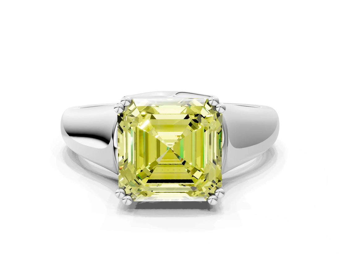 White gold Fancy Yellow Asscher  Solitaire Diamond Ring with Six-Prong Cathedral Setting_32