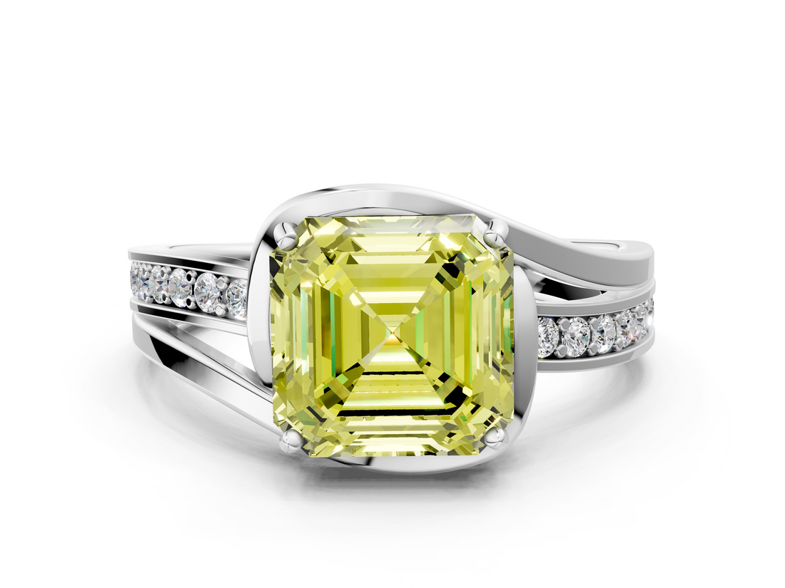 White gold Fancy Yellow Asscher  Solitaire Diamond Ring with Split Shank and Prong Setting