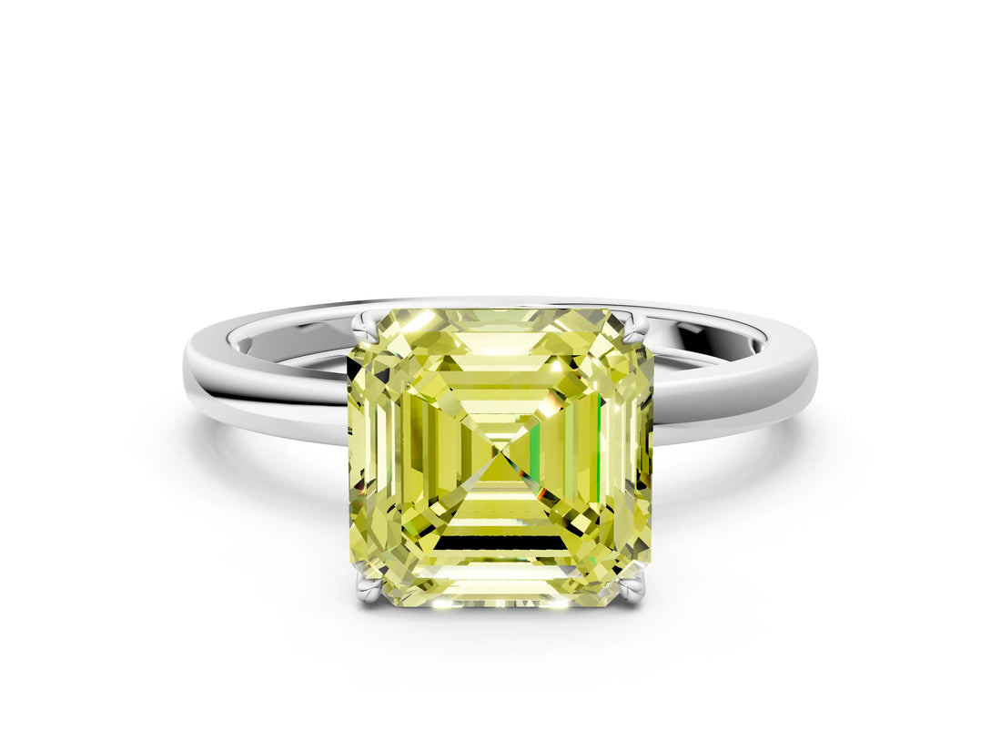 White gold Fancy Yellow Asscher  Solitaire Diamond Ring with Thin Band and Four-Prong Setting_90
