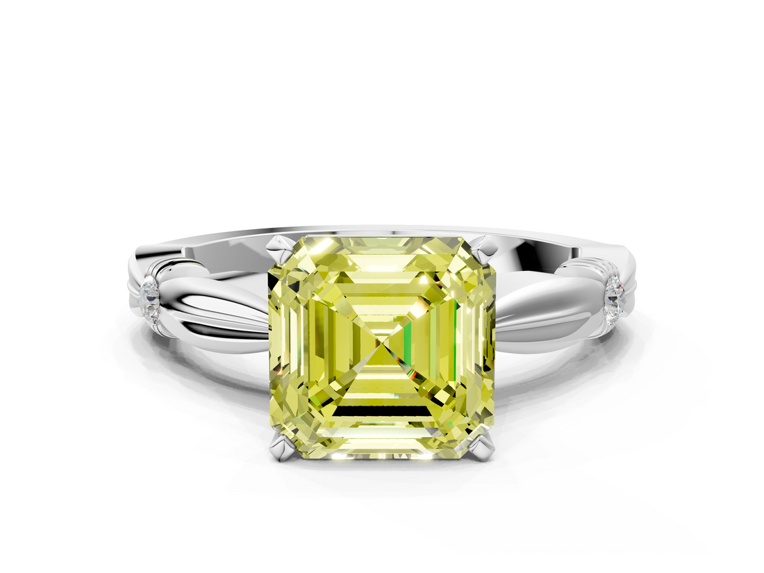 White gold Fancy Yellow Asscher  Solitaire Diamond Twisted Band with Four-Prong Setting