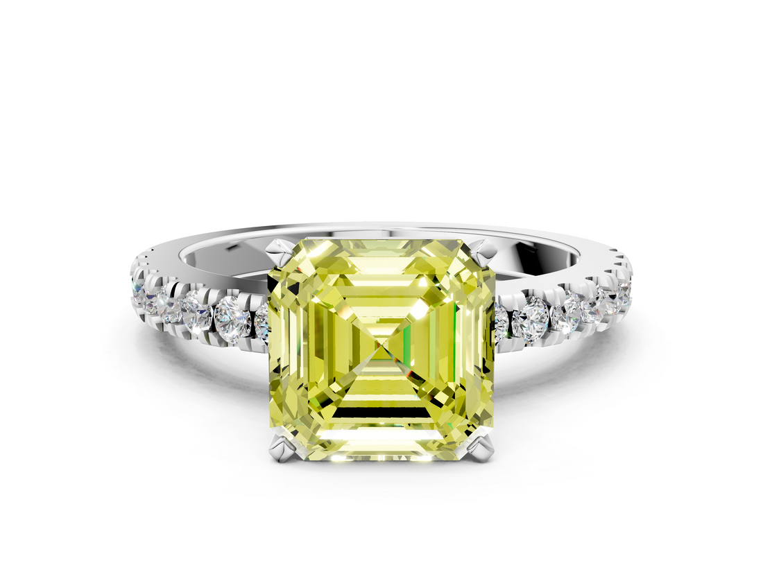 White gold Fancy Yellow Asscher  Solitaire Diamond with Pavé Band and Four-Prong Setting_17