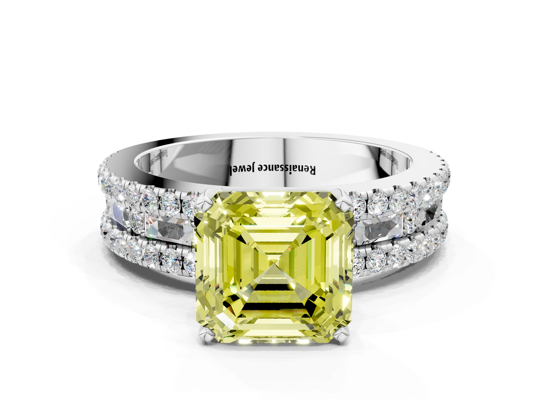 White gold Fancy Yellow Asscher  Solitaire Diamond with Pave and Channel Set Band_17