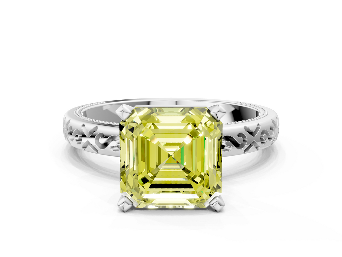 White gold Fancy Yellow Asscher  Solitaire Engagement Ring with Scrollwork Band and Four-Prong Setting_17