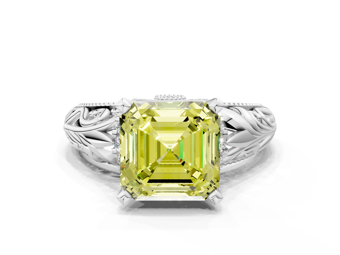 White gold Fancy Yellow Asscher  Solitaire Filigree Engagement Ring with Halo and Prong Setting_17