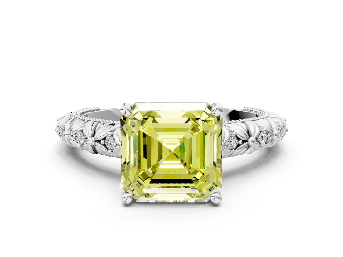 White gold Fancy Yellow Asscher  Solitaire Floral Milgrain Engagement Ring_31