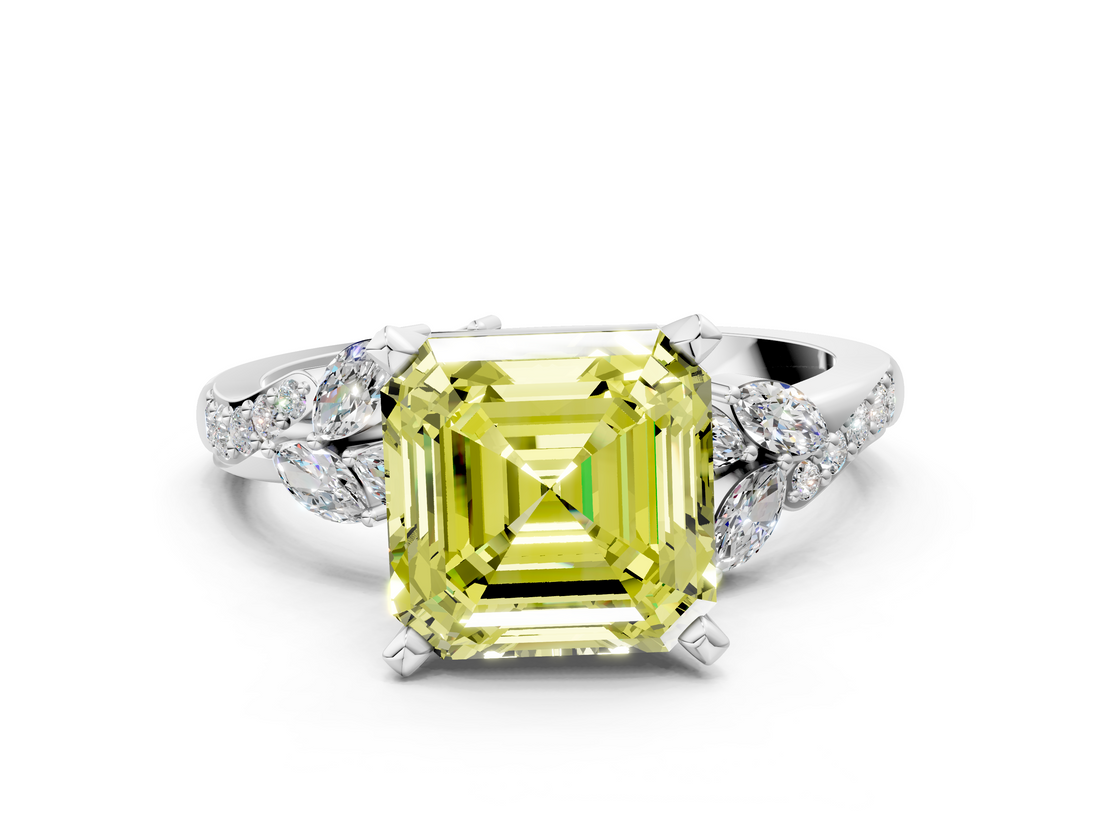 White gold Fancy Yellow Asscher  Solitaire Marquise Twist Band with Six-Prong Setting