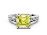 White gold Fancy Yellow Asscher  Solitaire Pavé Diamond Milgrain Engagement Ring with Four-Prong Setting
