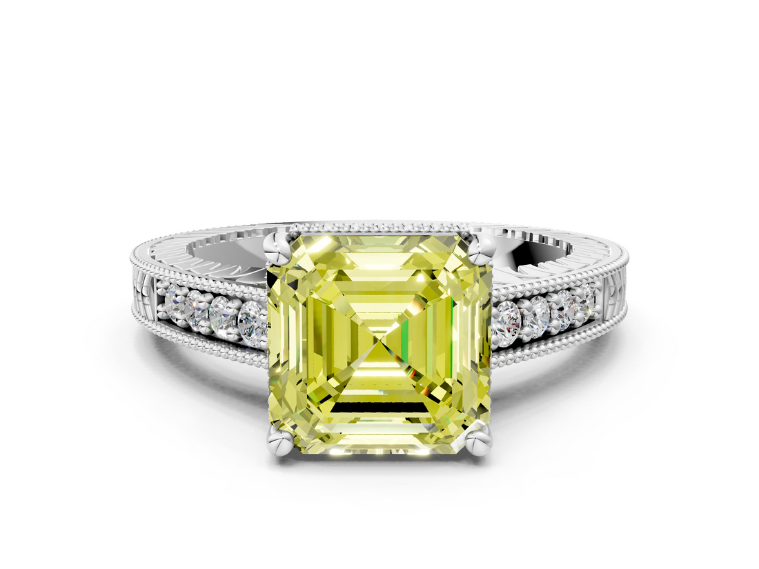 White gold Fancy Yellow Asscher  Solitaire Pavé Diamond Milgrain Engagement Ring with Four-Prong Setting