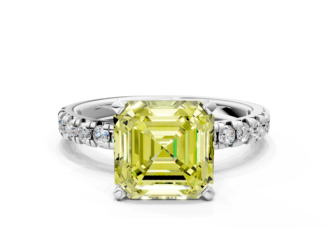 White gold Fancy Yellow Asscher  Solitaire Pave Diamond Engagement Ring with Four-Prong Setting