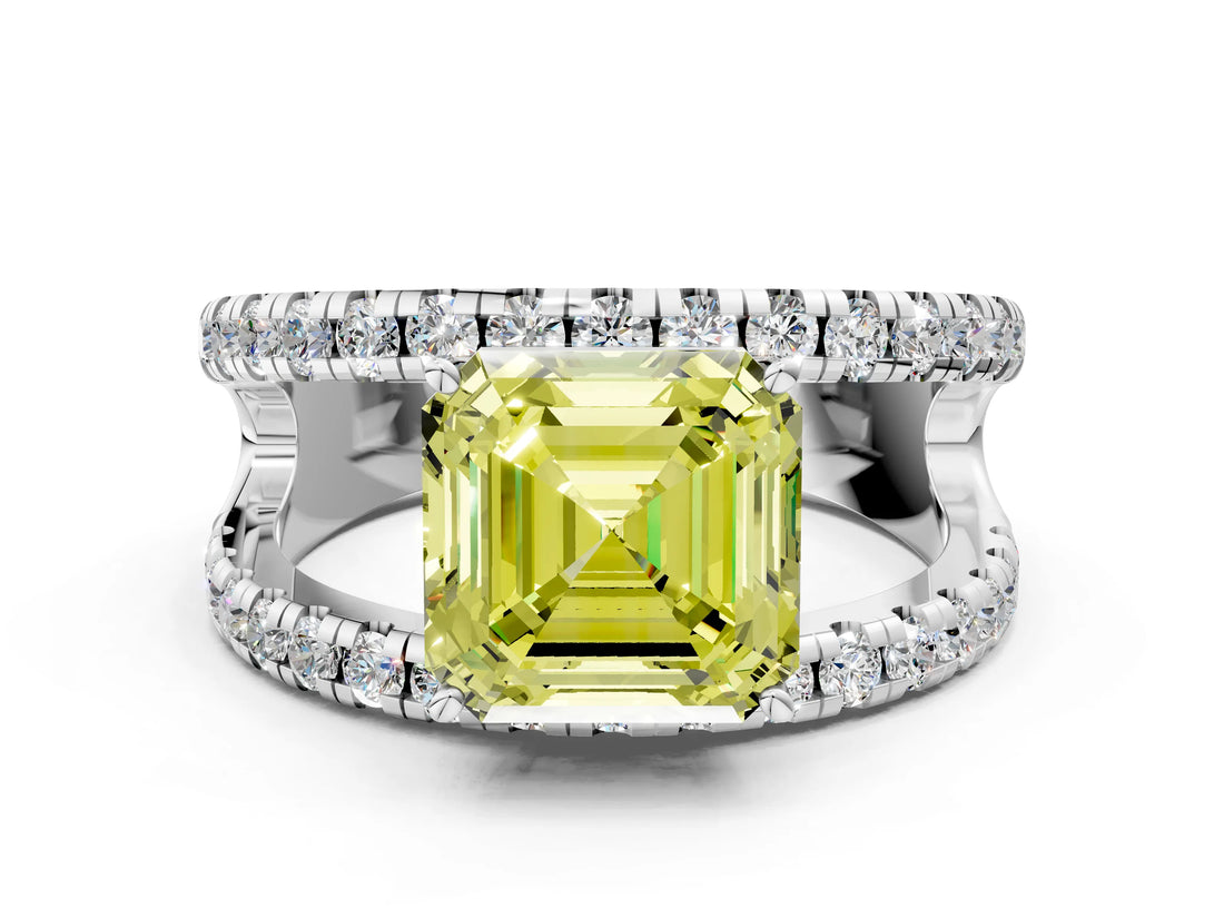 White gold Fancy Yellow Asscher  Solitaire Split Shank Pave Diamond Ring_47