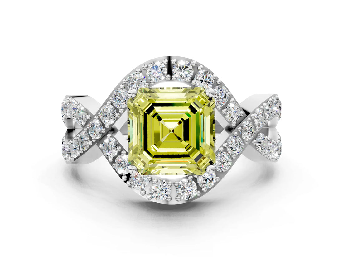 White gold Fancy Yellow Asscher  Solitaire Twist Band Pavé Diamond Engagement Ring_15