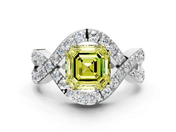 Platinum Asscher Cut Infinity Twist Pave Engagement Ring Setting for Fancy Yellow Center