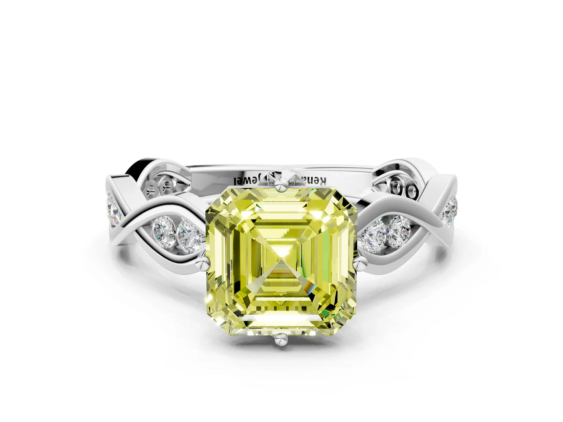 White gold Fancy Yellow Asscher  Solitaire Twist Band with Leaf Prong Setting_26
