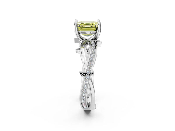 Platinum Asscher Cut Crossover Twist Pave Engagement Ring Setting for Fancy Yellow Center