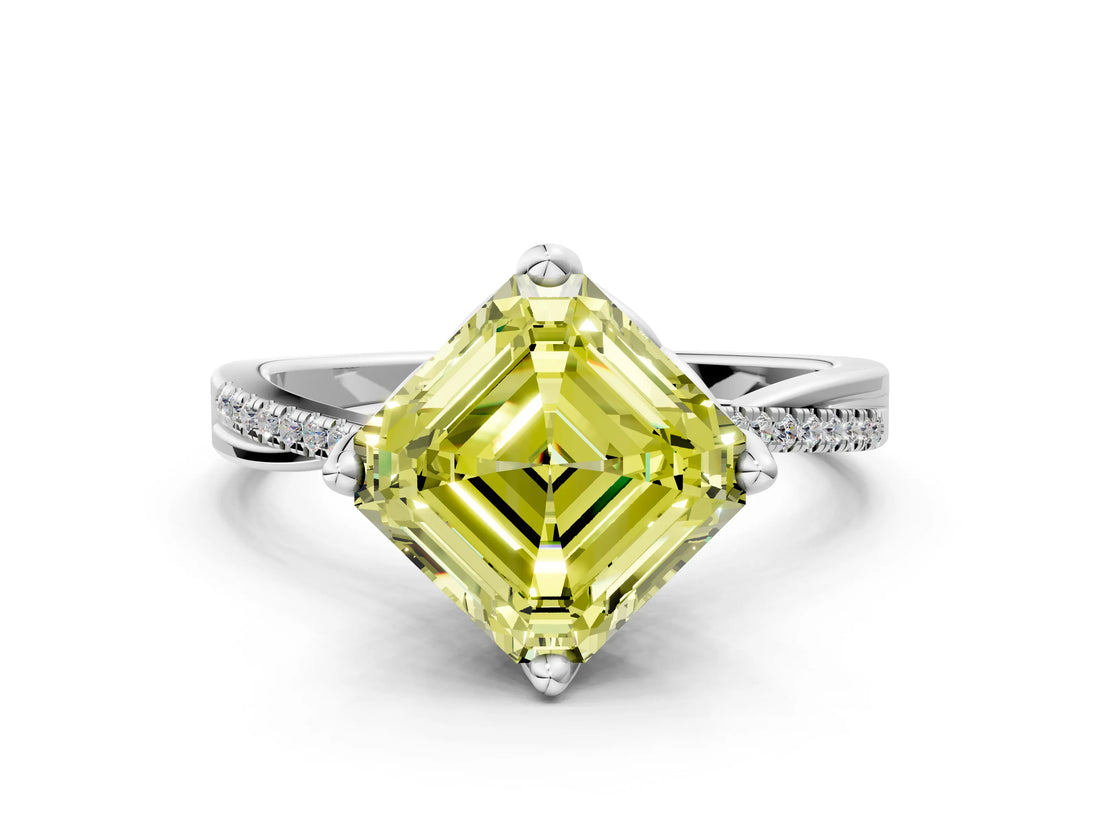 White gold Fancy Yellow Asscher  Solitaire Twist Band with Pavé Diamonds and Four-Prong Setting_116