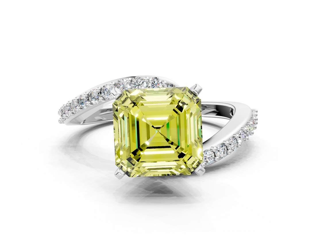 White gold Fancy Yellow Asscher  Solitaire Twist Band with Pave Set Diamonds and Four-Prong Setting