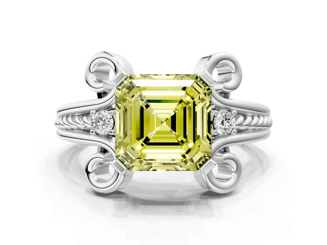 White gold Fancy Yellow Asscher  Solitaire Twisted Band Scroll Prong Ring_3