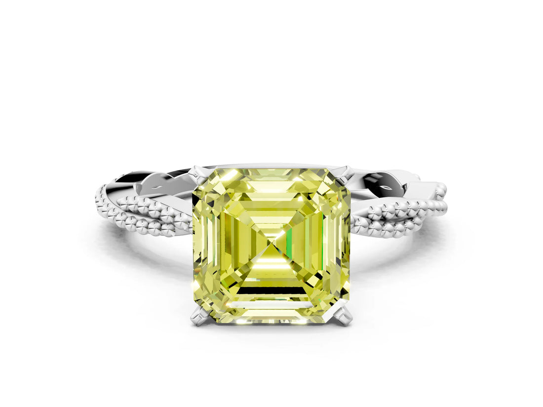 White gold Fancy Yellow Asscher  Solitaire Twisted Band with Bead Prong Setting_46
