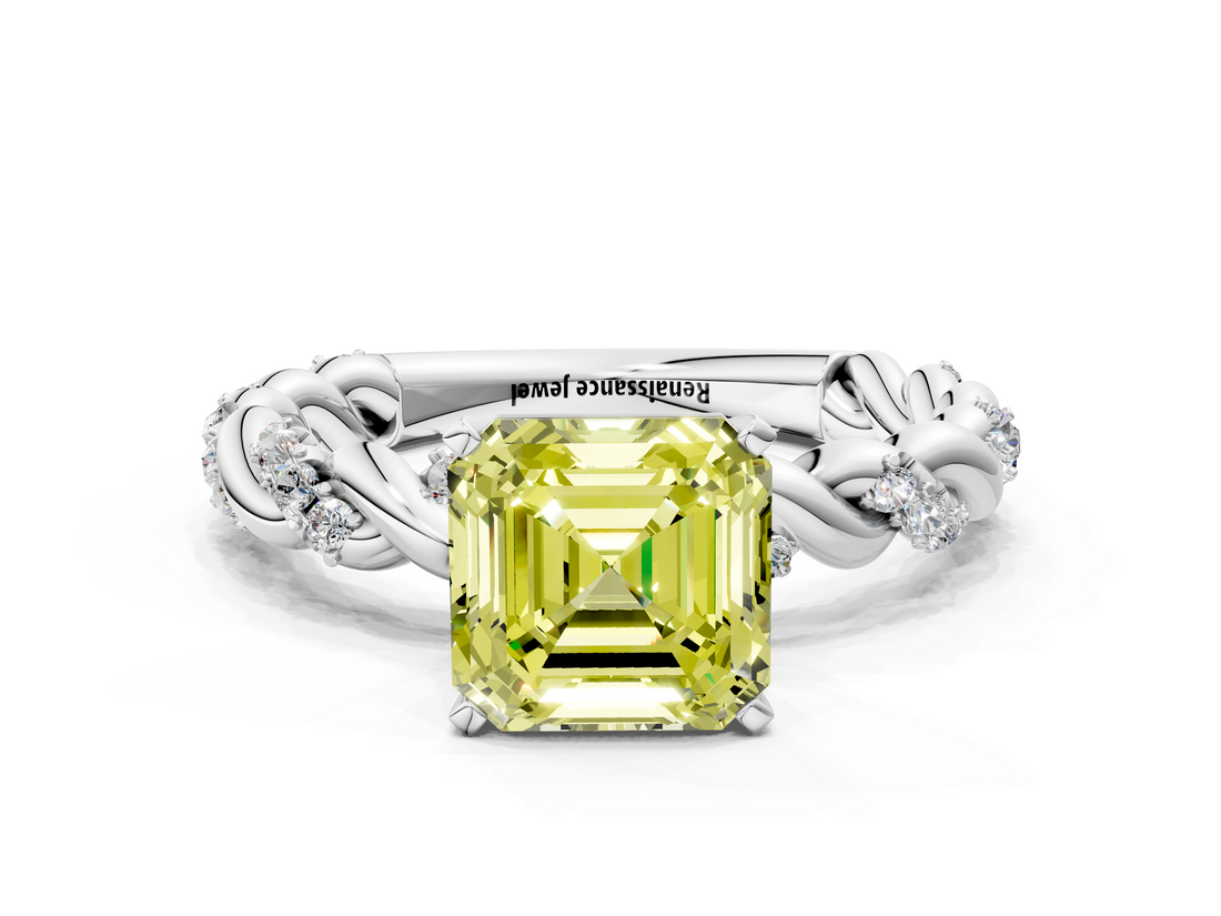 White gold Fancy Yellow Asscher  Solitaire Twisted Band with Pavé Accents and Four-Prong Setting_47