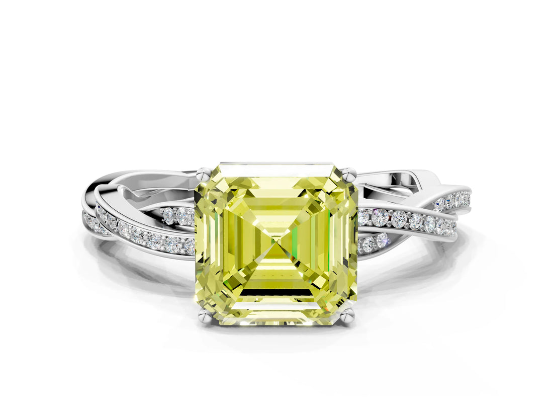White gold Fancy Yellow Asscher  Solitaire Twisted Pave Diamond Ring with Four-Prong Setting_176