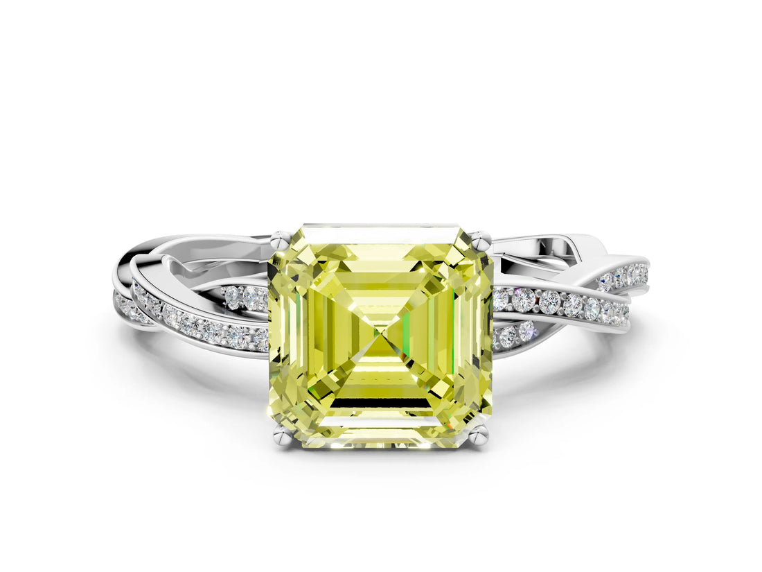 White gold Fancy Yellow Asscher  Solitaire Twisted Pave Diamond Ring with Four-Prong Setting_24