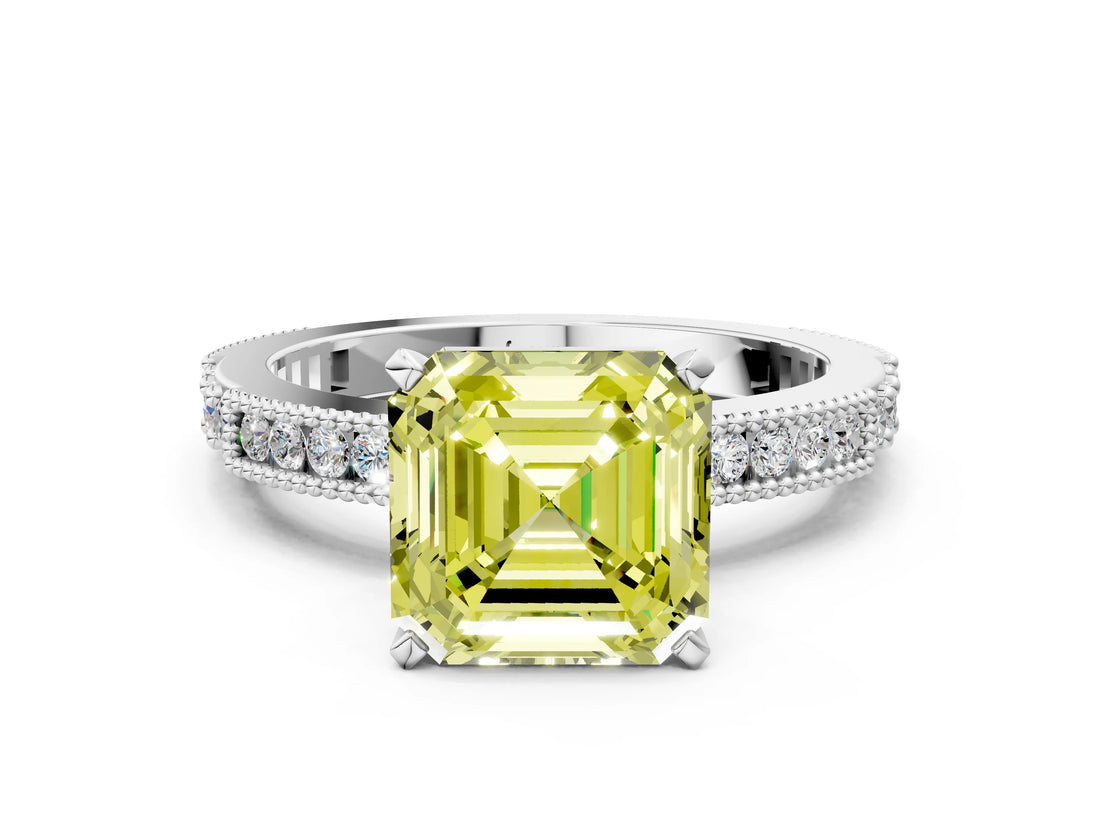 White gold Fancy Yellow Asscher  Solitaire with Pavé Band and Four-Prong Setting_67