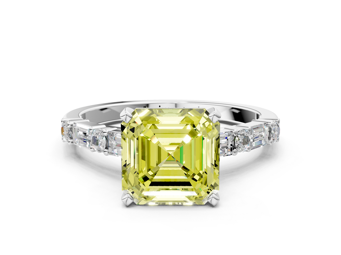 White gold Fancy Yellow Asscher  Solitaire with Side Baguettes and Channel Set Band