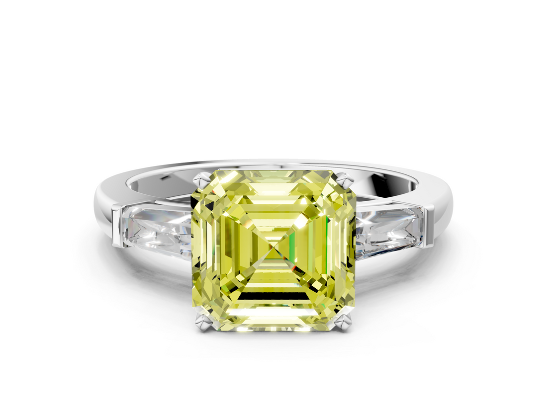 White gold Fancy Yellow Asscher  Solitaire with Tapered Baguette Side Stones on a Classic Band with Four-Prong Setting