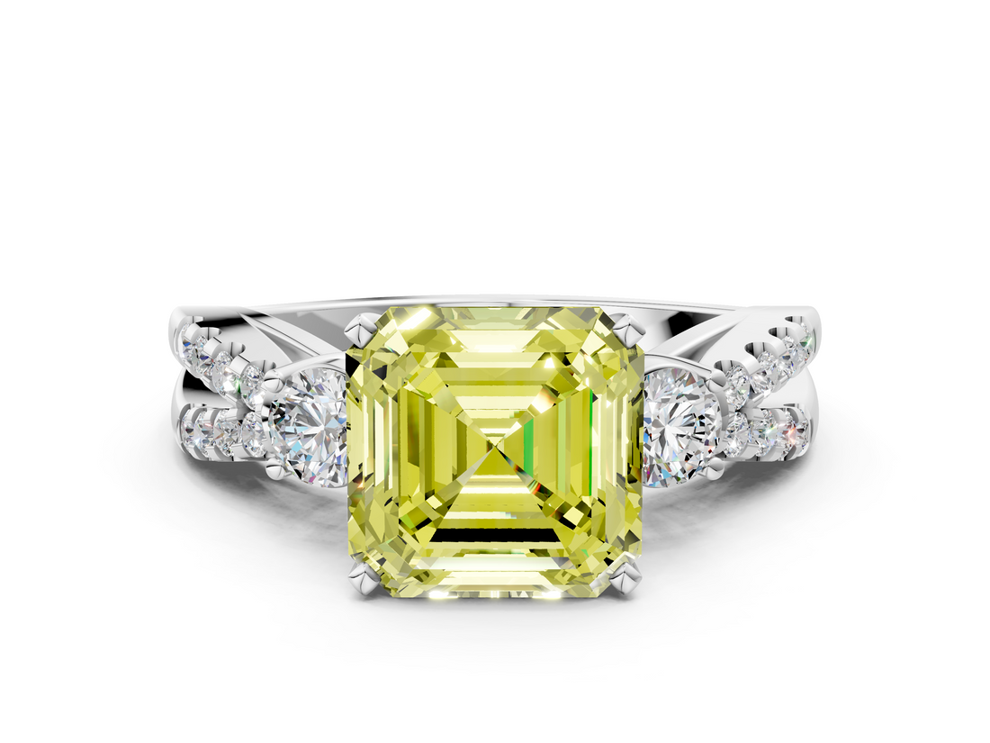 White gold Fancy Yellow Asscher  Three-Stone Diamond Ring with Pavé Split Shank and Four-Prong Setting_18