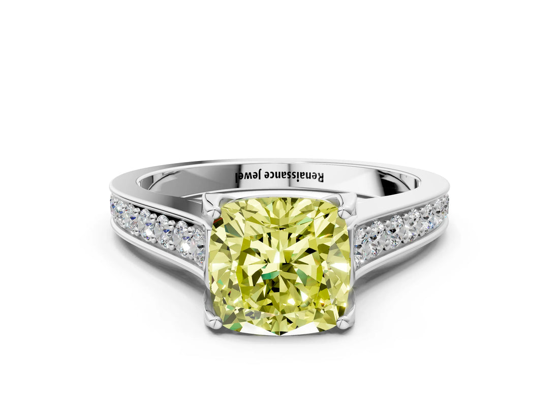 White gold Fancy Yellow Cushion  Brilliant Cut Diamond Engagement Ring with Pavé Band and Four-Prong Setting_49