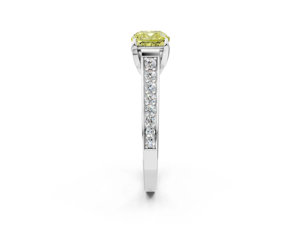 Platinum Fancy Yellow Cushion  Brilliant Cut Diamond Engagement Ring with Pavé Band and Four-Prong Setting