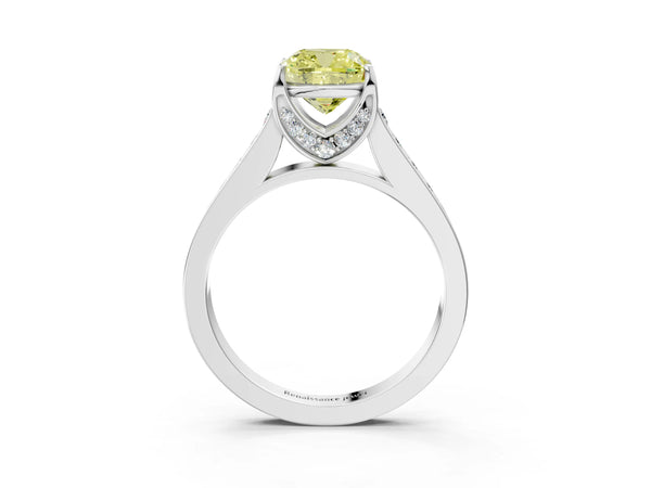 Platinum Fancy Yellow Cushion  Brilliant Cut Diamond Engagement Ring with Pavé Band and Four-Prong Setting